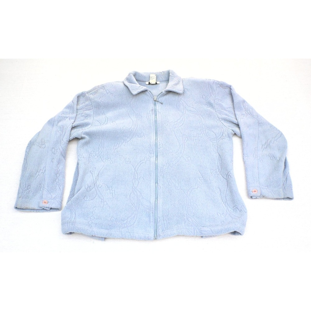 Vintage 90s Teddi Womens S Pale Blue Fleece Zip Jacket Embossed Floral Vine Cozy